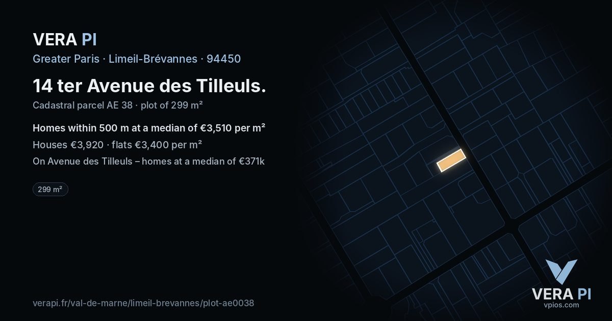14 ter Avenue des Tilleuls, Limeil-Brévannes at night – the plot lit, the parcels around coloured by the prices near them