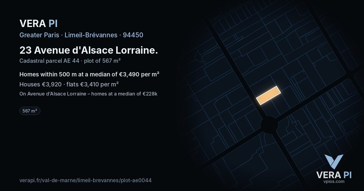 23 Avenue d'Alsace Lorraine, Limeil-Brévannes at night – the plot lit, the parcels around coloured by the prices near them