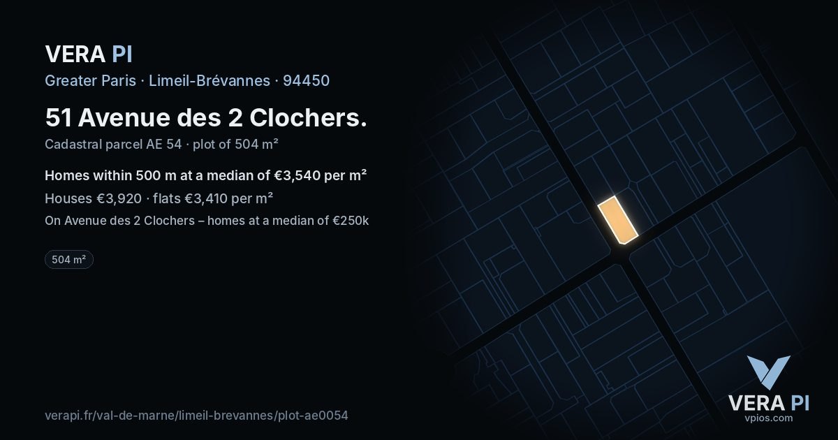 51 Avenue des 2 Clochers, Limeil-Brévannes at night – the plot lit, the parcels around coloured by the prices near them