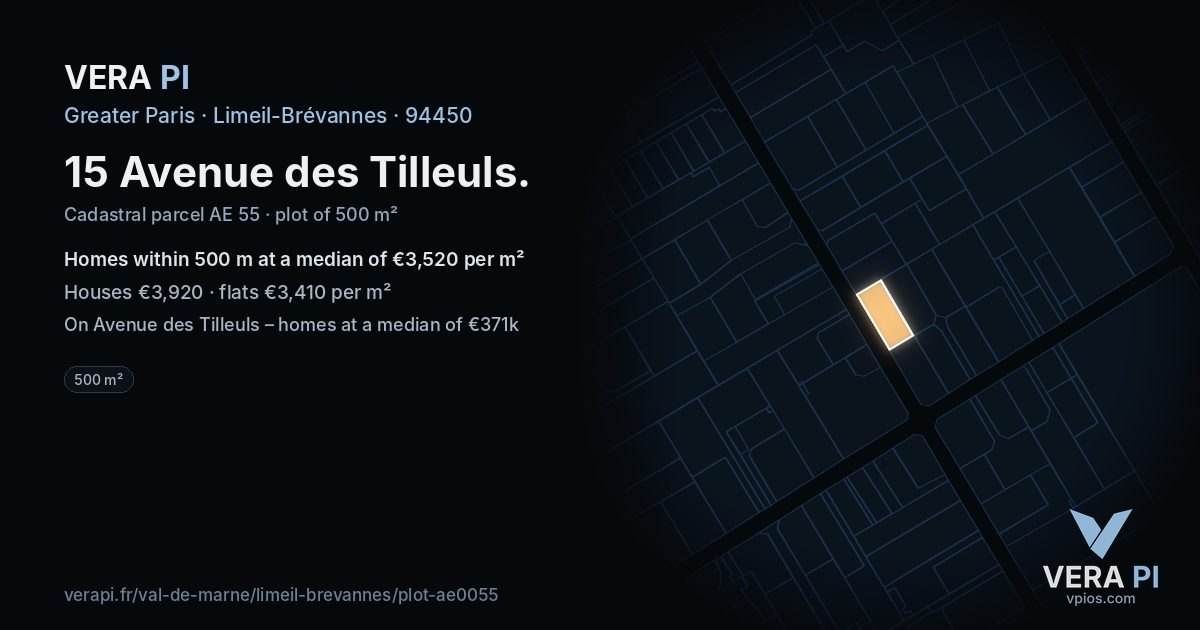 15 Avenue des Tilleuls, Limeil-Brévannes at night – the plot lit, the parcels around coloured by the prices near them