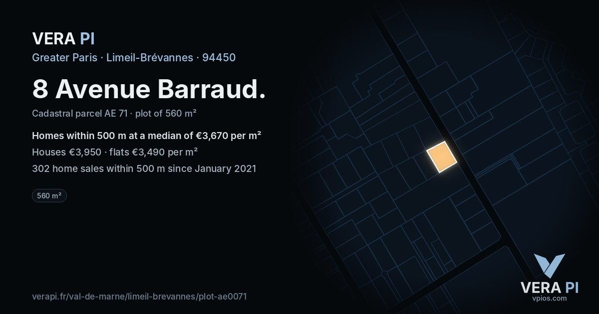 8 Avenue Barraud, Limeil-Brévannes at night – the plot lit, the parcels around coloured by the prices near them