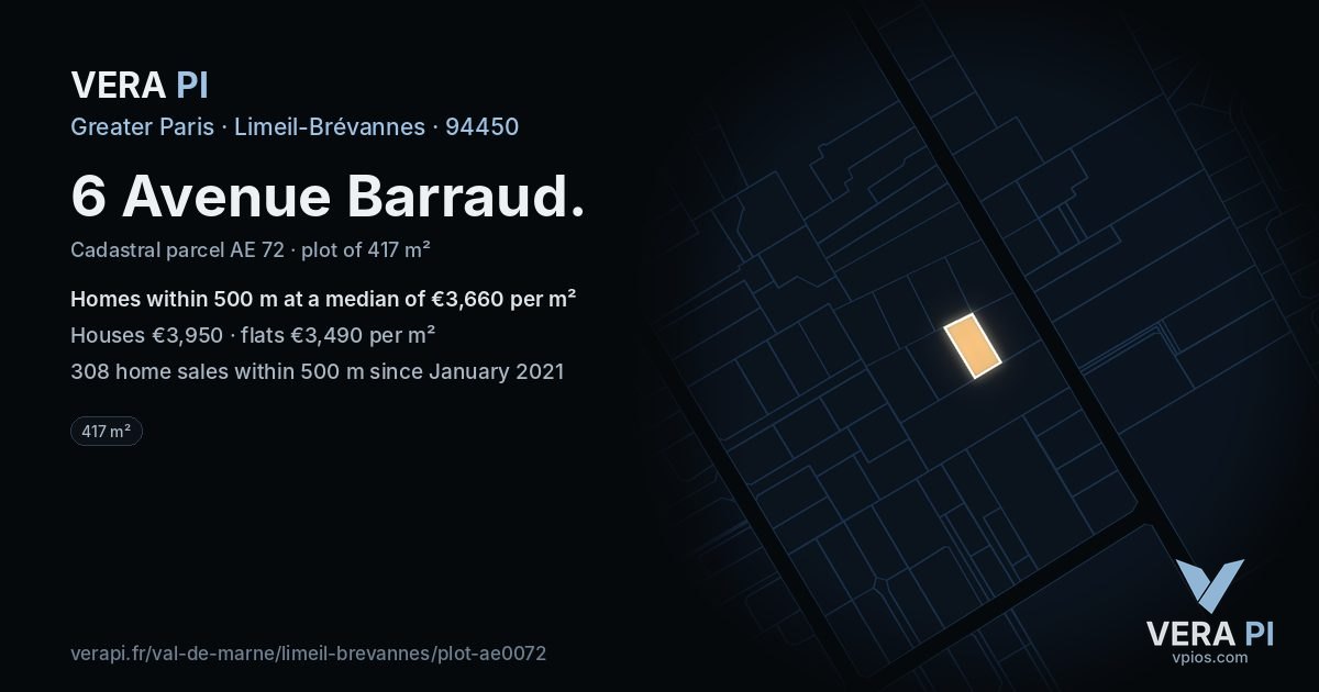 6 Avenue Barraud, Limeil-Brévannes at night – the plot lit, the parcels around coloured by the prices near them
