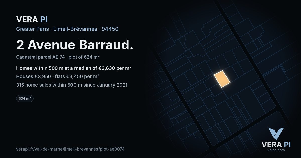 2 Avenue Barraud, Limeil-Brévannes at night – the plot lit, the parcels around coloured by the prices near them