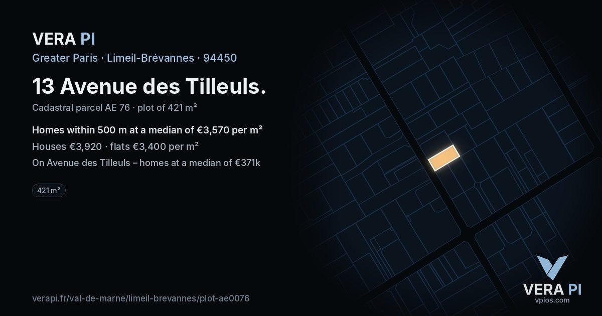 13 Avenue des Tilleuls, Limeil-Brévannes at night – the plot lit, the parcels around coloured by the prices near them