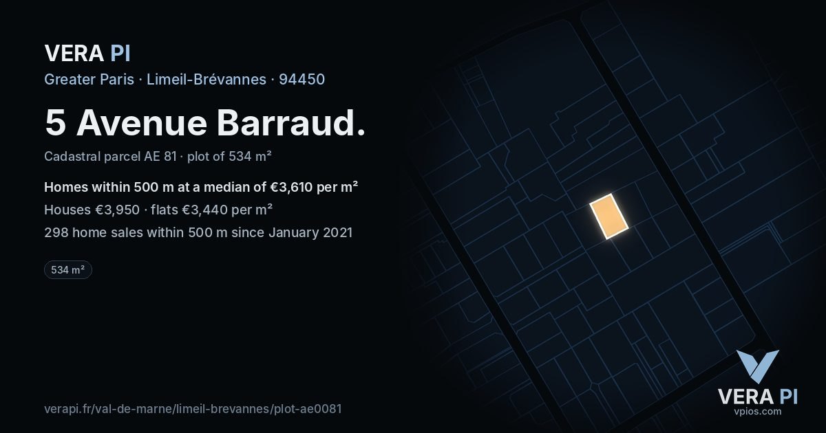 5 Avenue Barraud, Limeil-Brévannes at night – the plot lit, the parcels around coloured by the prices near them