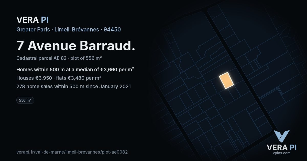 7 Avenue Barraud, Limeil-Brévannes at night – the plot lit, the parcels around coloured by the prices near them