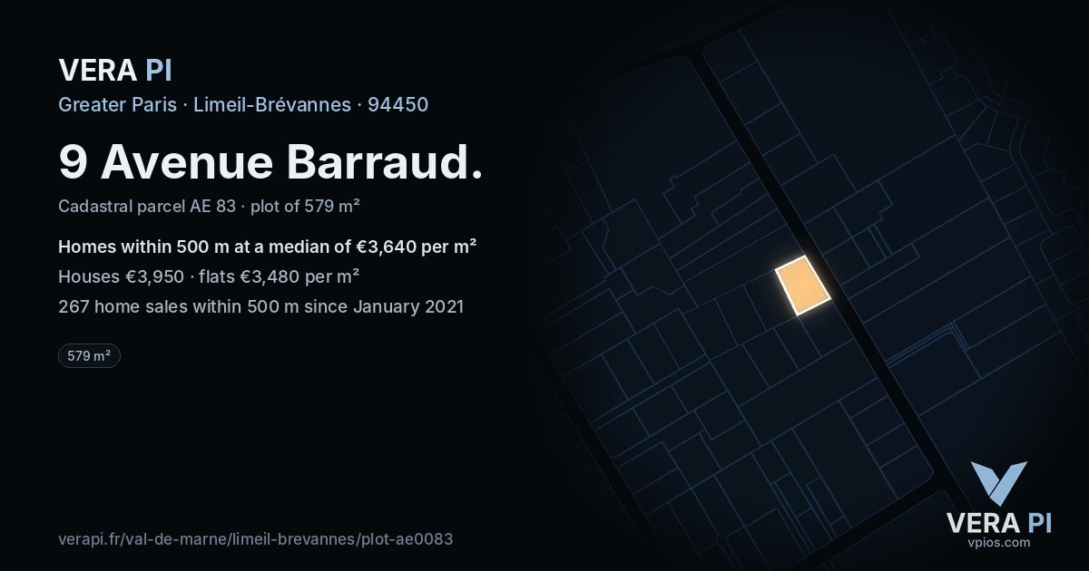 9 Avenue Barraud, Limeil-Brévannes at night – the plot lit, the parcels around coloured by the prices near them
