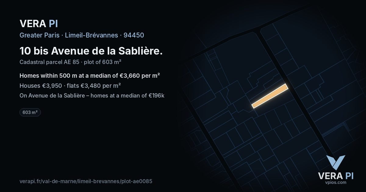 10 bis Avenue de la Sablière, Limeil-Brévannes at night – the plot lit, the parcels around coloured by the prices near them