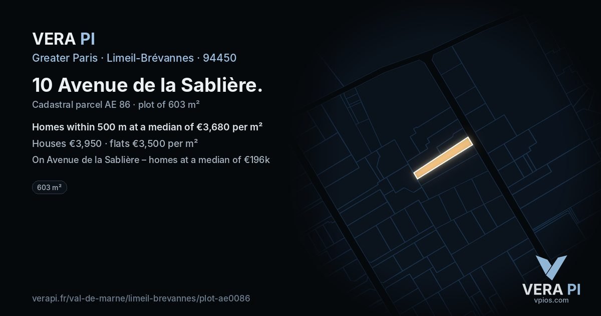 10 Avenue de la Sablière, Limeil-Brévannes at night – the plot lit, the parcels around coloured by the prices near them