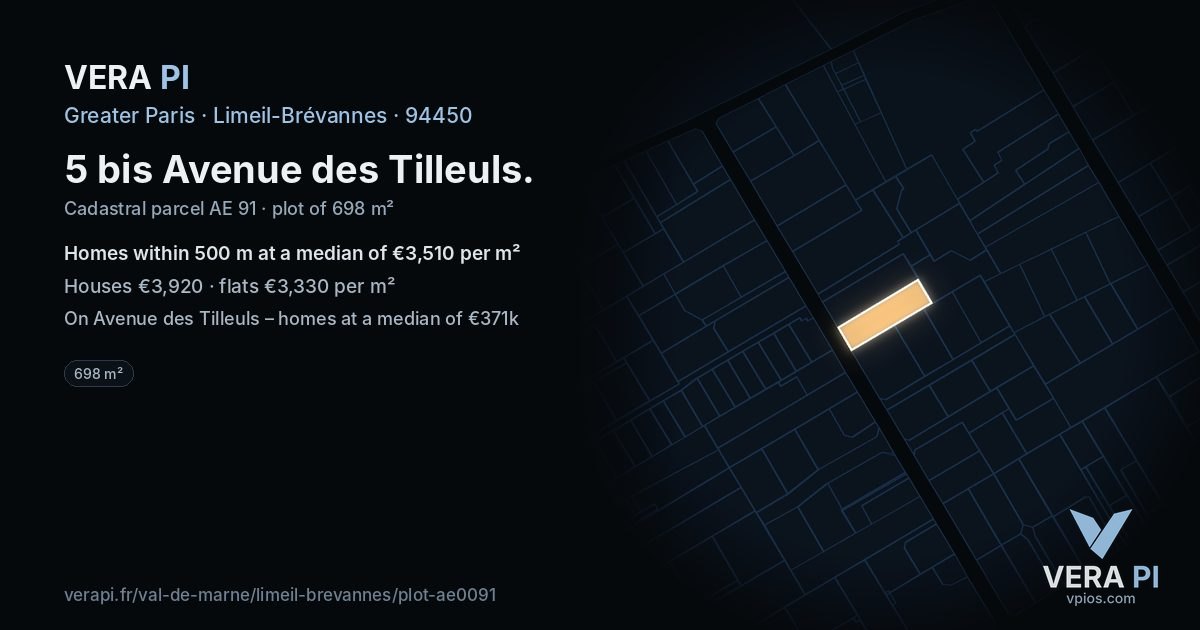 5 bis Avenue des Tilleuls, Limeil-Brévannes at night – the plot lit, the parcels around coloured by the prices near them