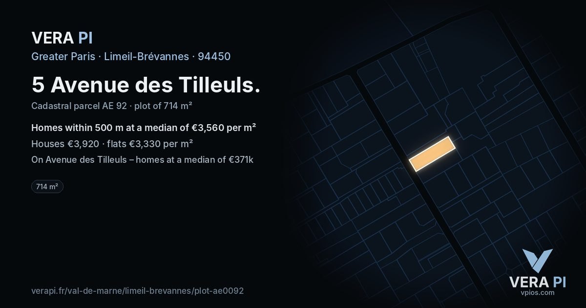 5 Avenue des Tilleuls, Limeil-Brévannes at night – the plot lit, the parcels around coloured by the prices near them