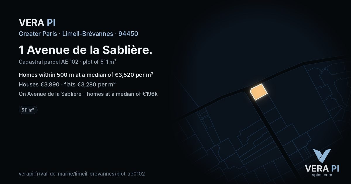 1 Avenue de la Sablière, Limeil-Brévannes at night – the plot lit, the parcels around coloured by the prices near them