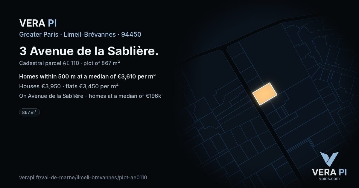 3 Avenue de la Sablière, Limeil-Brévannes at night – the plot lit, the parcels around coloured by the prices near them
