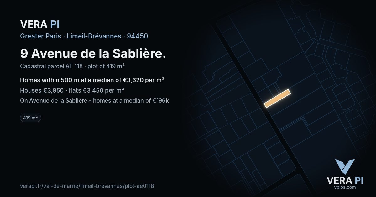 9 Avenue de la Sablière, Limeil-Brévannes at night – the plot lit, the parcels around coloured by the prices near them