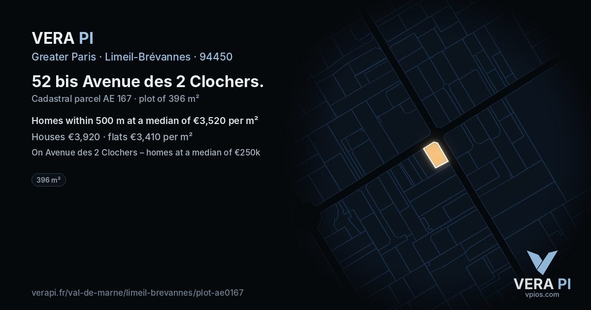 52 bis Avenue des 2 Clochers, Limeil-Brévannes at night – the plot lit, the parcels around coloured by the prices near them