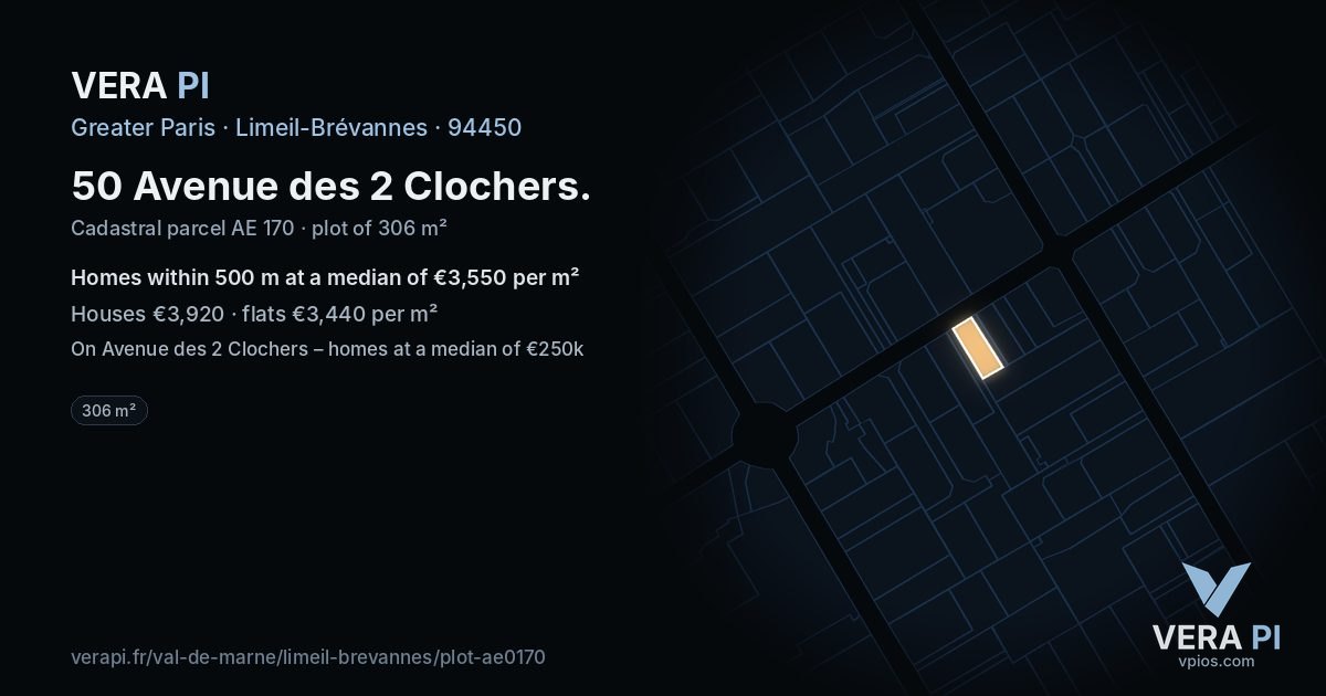 50 Avenue des 2 Clochers, Limeil-Brévannes at night – the plot lit, the parcels around coloured by the prices near them
