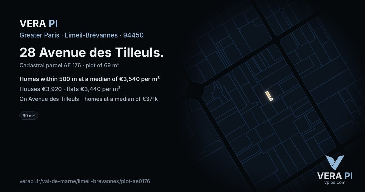 28 Avenue des Tilleuls, Limeil-Brévannes at night – the plot lit, the parcels around coloured by the prices near them