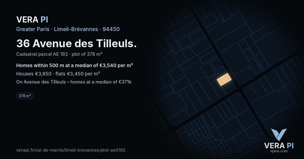 36 Avenue des Tilleuls, Limeil-Brévannes at night – the plot lit, the parcels around coloured by the prices near them