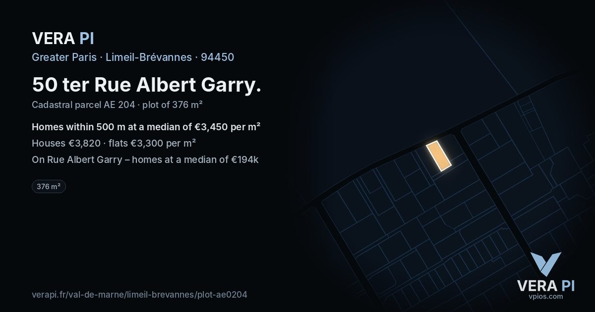 50 ter Rue Albert Garry, Limeil-Brévannes at night – the plot lit, the parcels around coloured by the prices near them