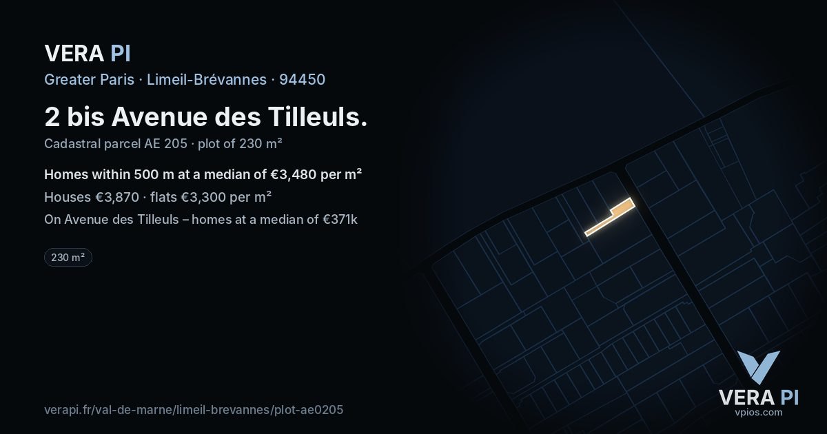 2 bis Avenue des Tilleuls, Limeil-Brévannes at night – the plot lit, the parcels around coloured by the prices near them