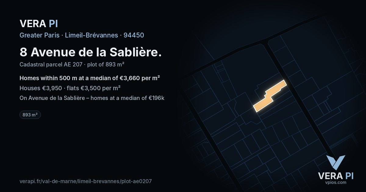 8 Avenue de la Sablière, Limeil-Brévannes at night – the plot lit, the parcels around coloured by the prices near them