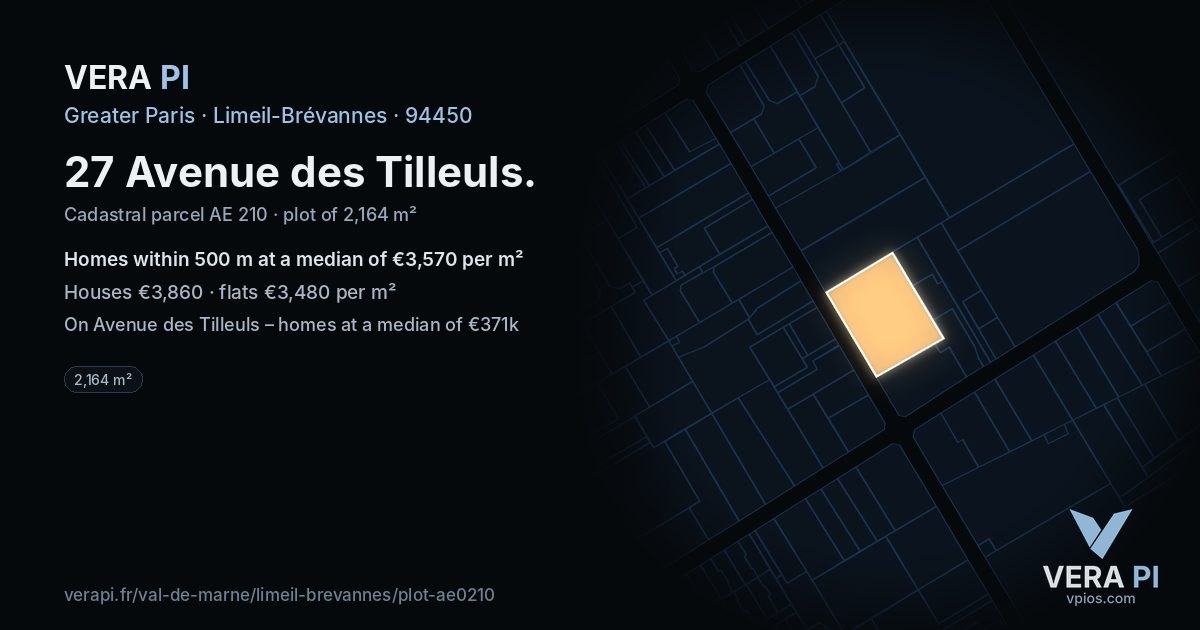 27 Avenue des Tilleuls, Limeil-Brévannes at night – the plot lit, the parcels around coloured by the prices near them