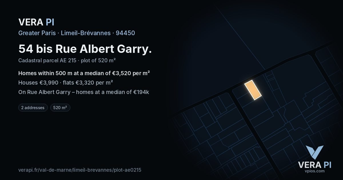 54 bis Rue Albert Garry, Limeil-Brévannes at night – the plot lit, the parcels around coloured by the prices near them