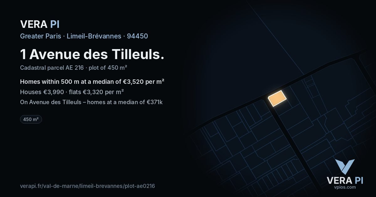 1 Avenue des Tilleuls, Limeil-Brévannes at night – the plot lit, the parcels around coloured by the prices near them