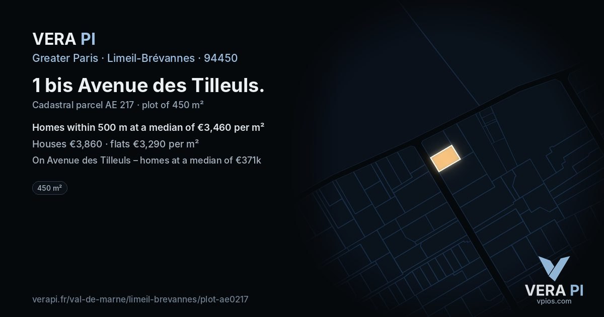 1 bis Avenue des Tilleuls, Limeil-Brévannes at night – the plot lit, the parcels around coloured by the prices near them