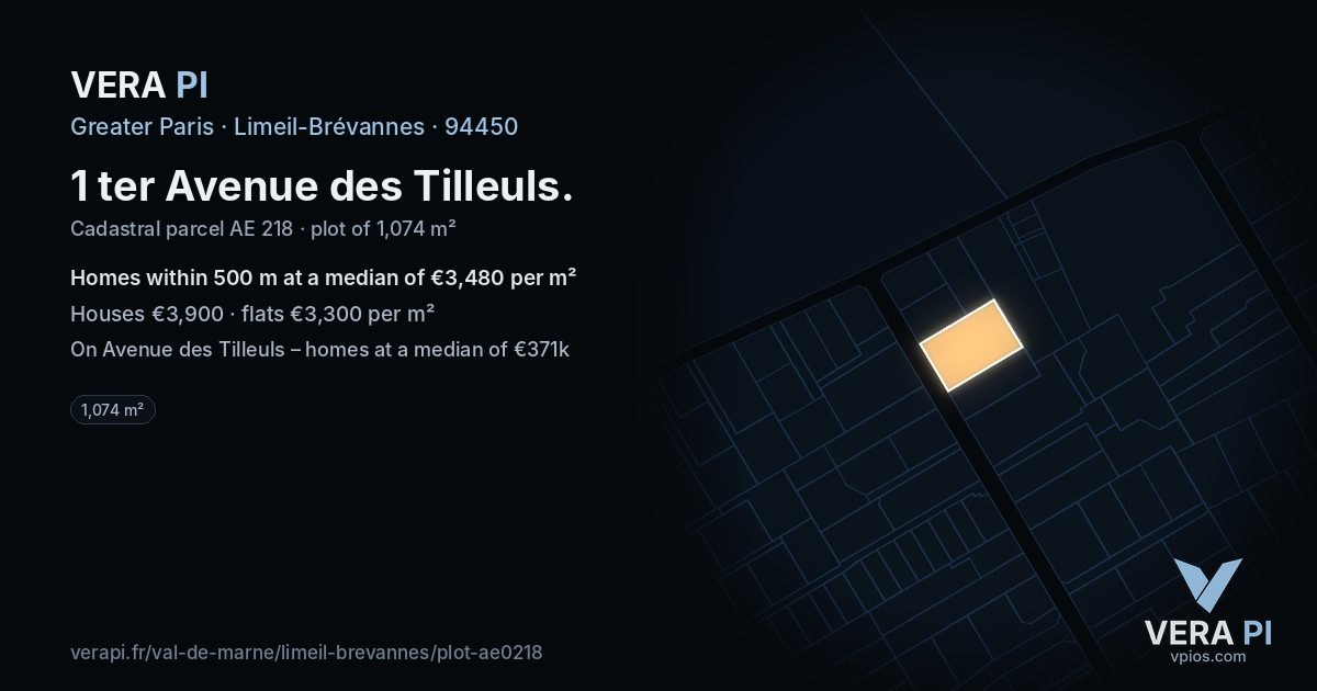 1 ter Avenue des Tilleuls, Limeil-Brévannes at night – the plot lit, the parcels around coloured by the prices near them