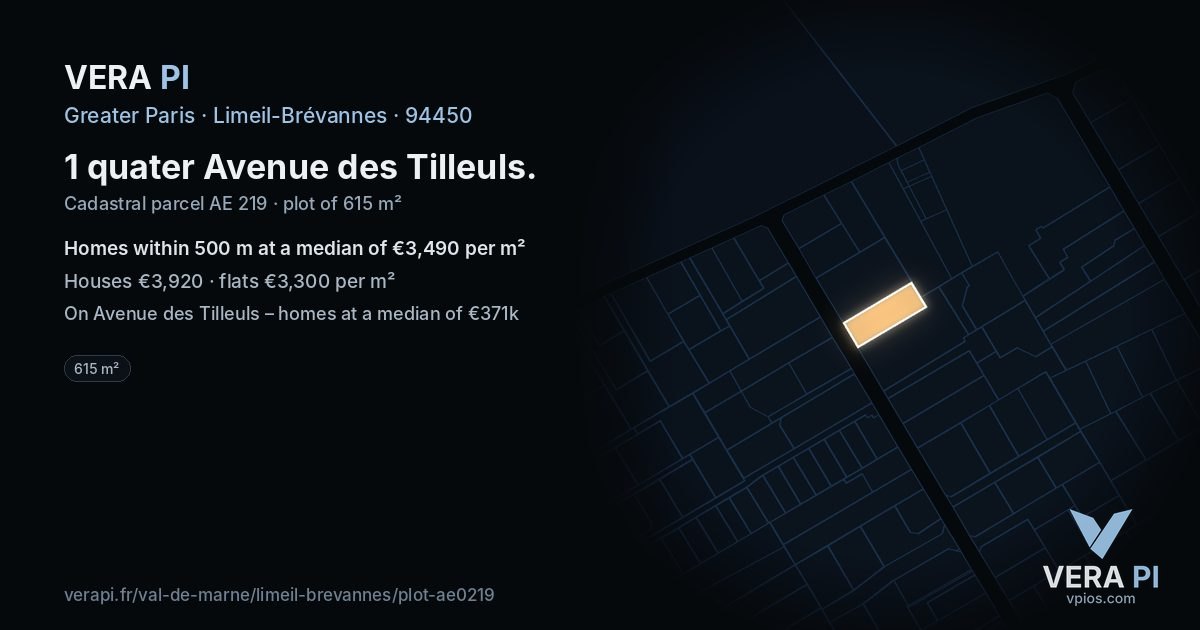 1 quater Avenue des Tilleuls, Limeil-Brévannes at night – the plot lit, the parcels around coloured by the prices near them