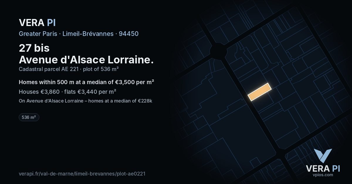 27 bis Avenue d'Alsace Lorraine, Limeil-Brévannes at night – the plot lit, the parcels around coloured by the prices near them