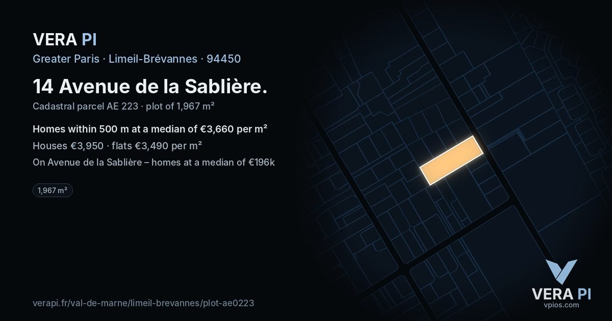 14 Avenue de la Sablière, Limeil-Brévannes at night – the plot lit, the parcels around coloured by the prices near them