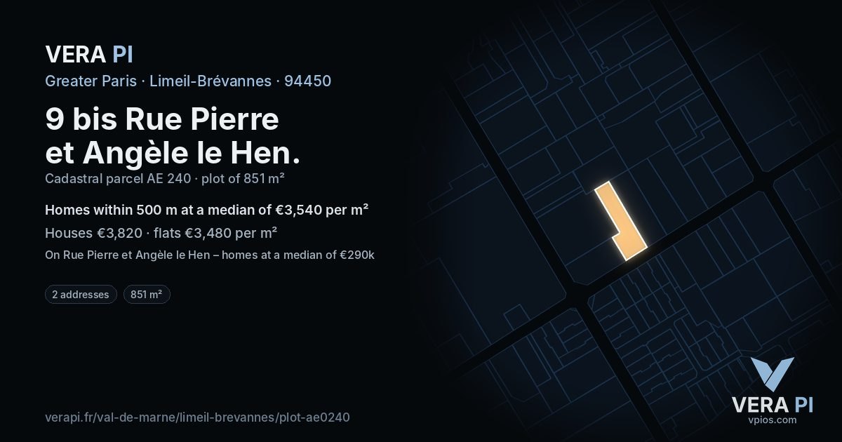 9 bis Rue Pierre et Angèle le Hen, Limeil-Brévannes at night – the plot lit, the parcels around coloured by the prices near them