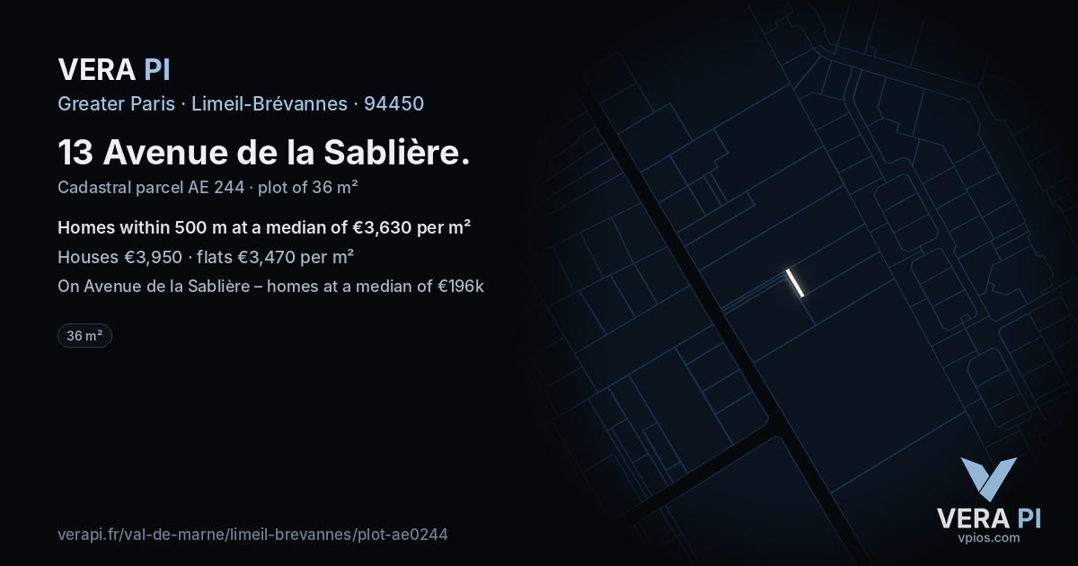 13 Avenue de la Sablière, Limeil-Brévannes at night – the plot lit, the parcels around coloured by the prices near them