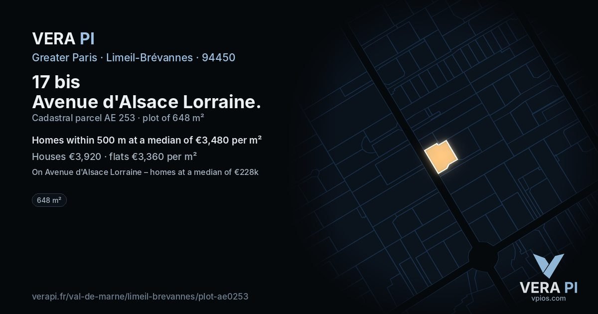 17 bis Avenue d'Alsace Lorraine, Limeil-Brévannes at night – the plot lit, the parcels around coloured by the prices near them