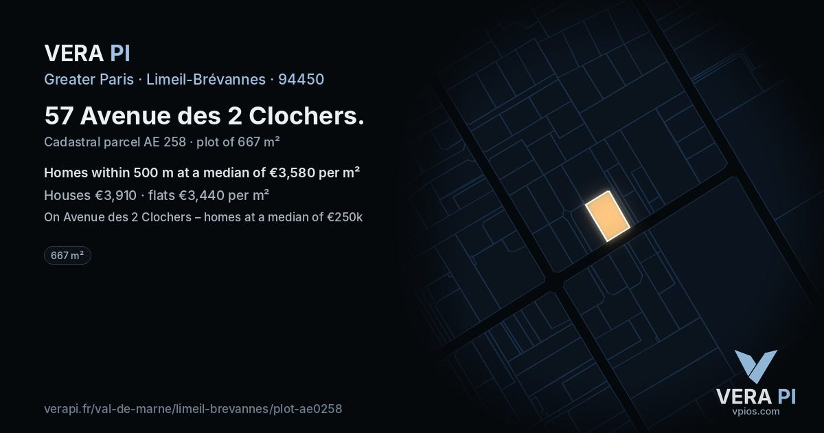 57 Avenue des 2 Clochers, Limeil-Brévannes at night – the plot lit, the parcels around coloured by the prices near them