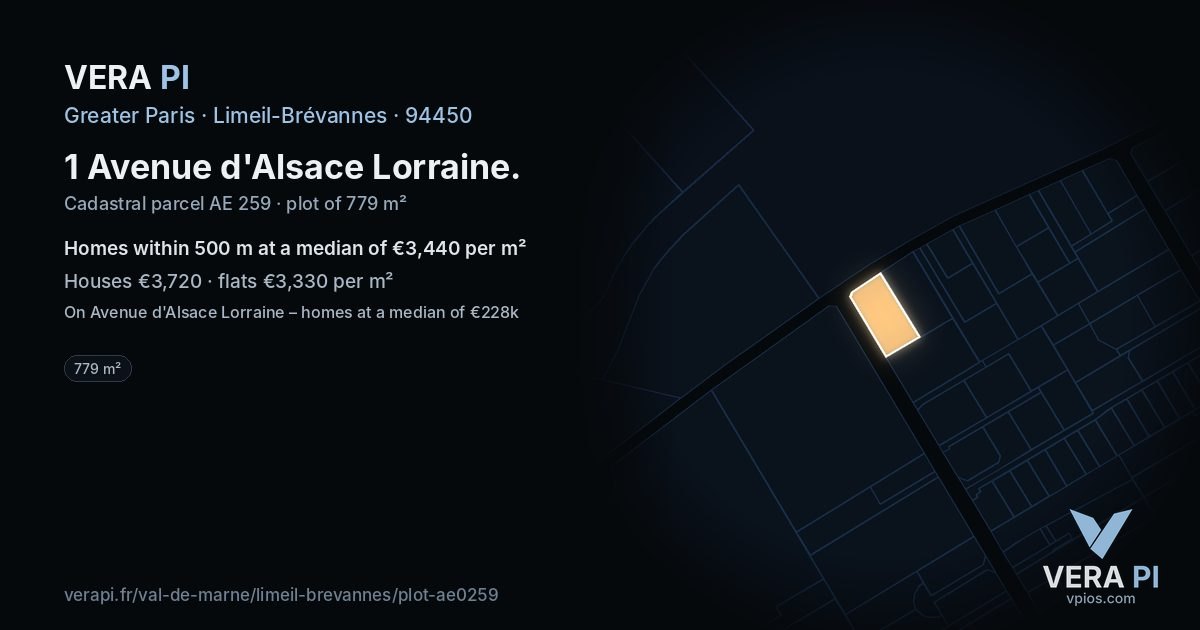 1 Avenue d'Alsace Lorraine, Limeil-Brévannes at night – the plot lit, the parcels around coloured by the prices near them