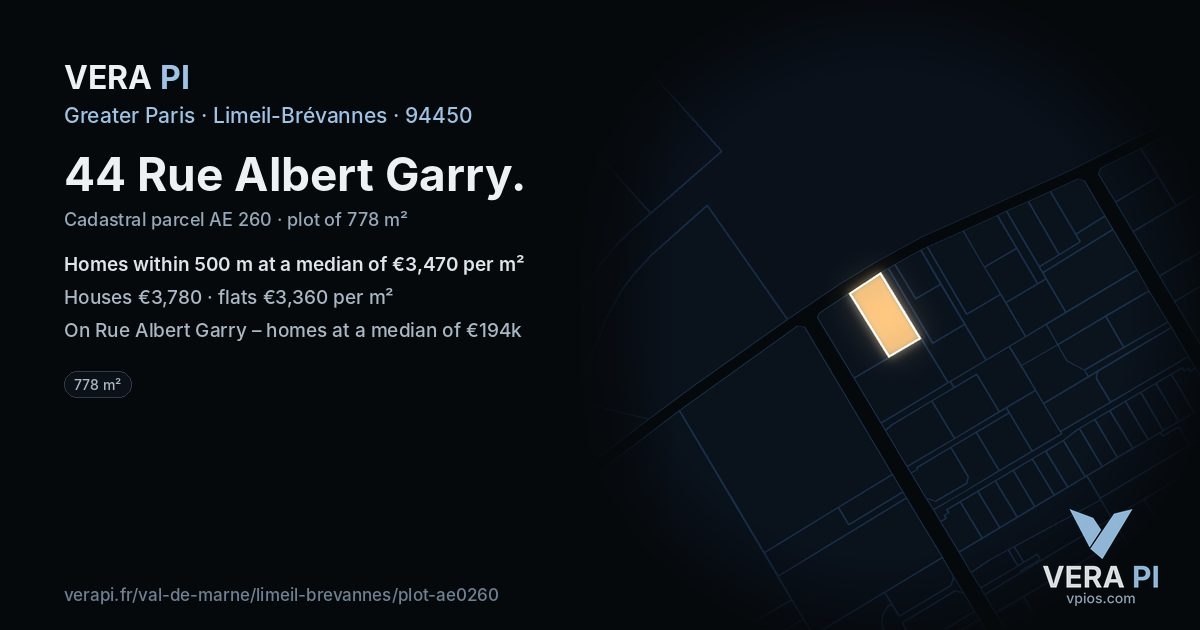 44 Rue Albert Garry, Limeil-Brévannes at night – the plot lit, the parcels around coloured by the prices near them