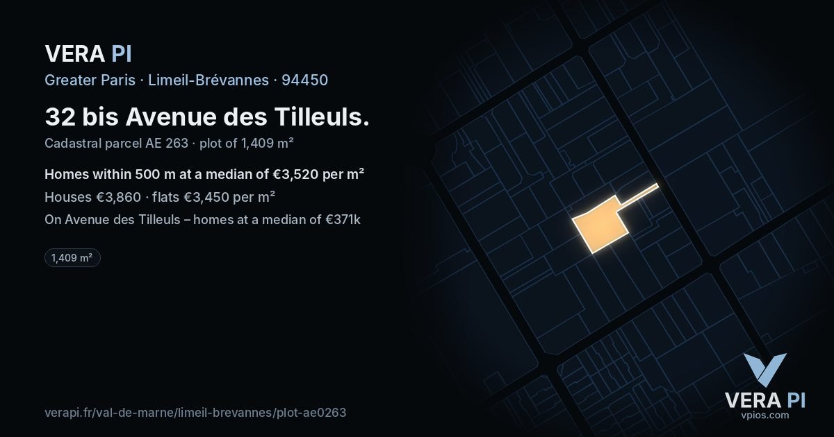 32 bis Avenue des Tilleuls, Limeil-Brévannes at night – the plot lit, the parcels around coloured by the prices near them