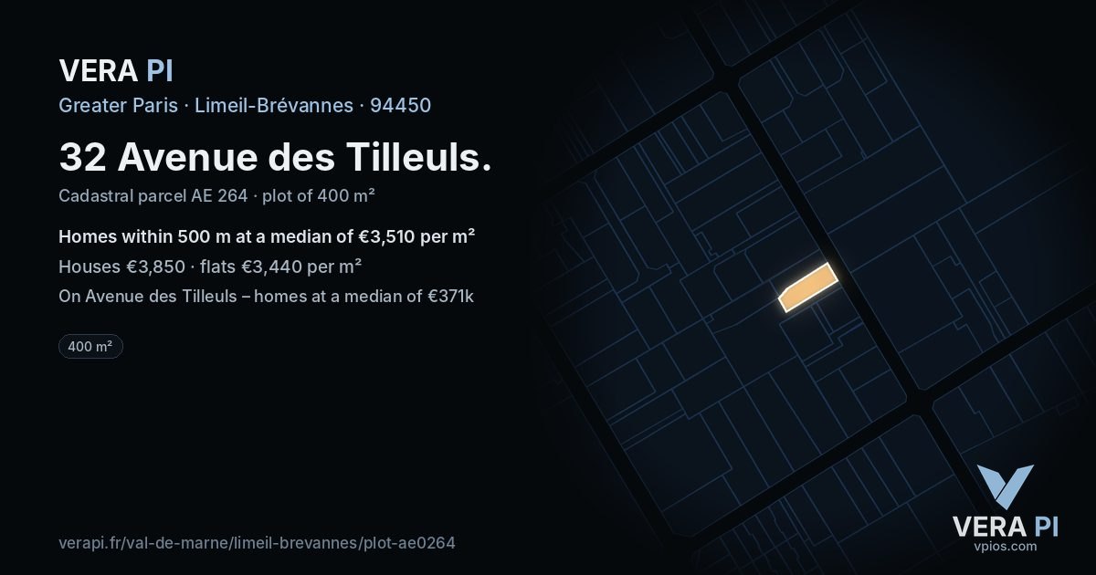 32 Avenue des Tilleuls, Limeil-Brévannes at night – the plot lit, the parcels around coloured by the prices near them