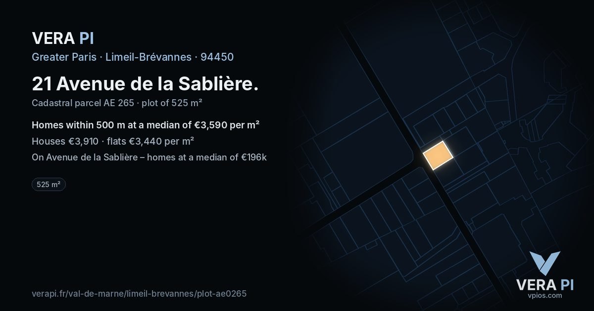 21 Avenue de la Sablière, Limeil-Brévannes at night – the plot lit, the parcels around coloured by the prices near them