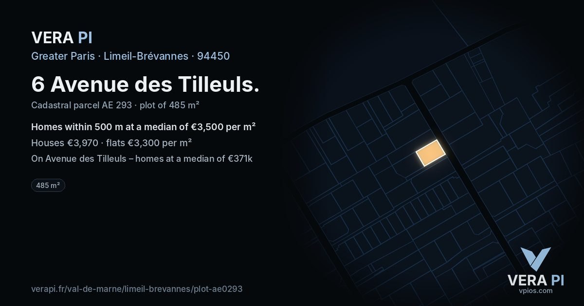 6 Avenue des Tilleuls, Limeil-Brévannes at night – the plot lit, the parcels around coloured by the prices near them