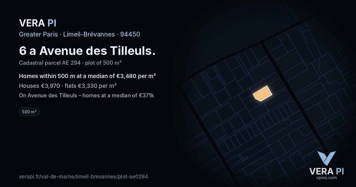 6 a Avenue des Tilleuls, Limeil-Brévannes at night – the plot lit, the parcels around coloured by the prices near them