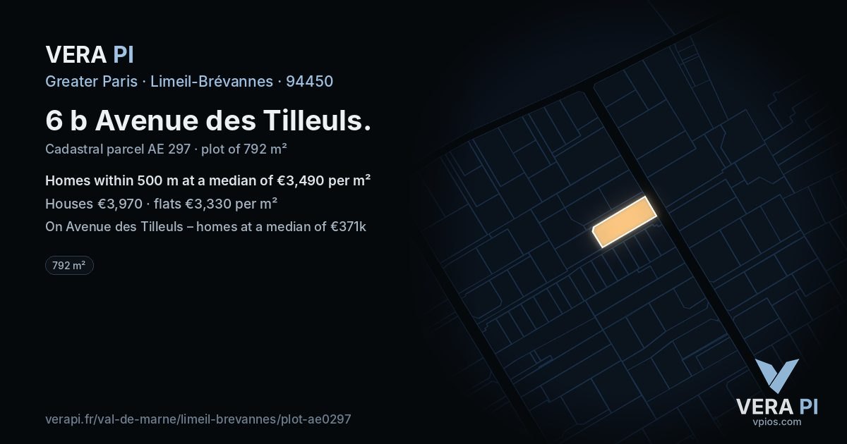 6 b Avenue des Tilleuls, Limeil-Brévannes at night – the plot lit, the parcels around coloured by the prices near them
