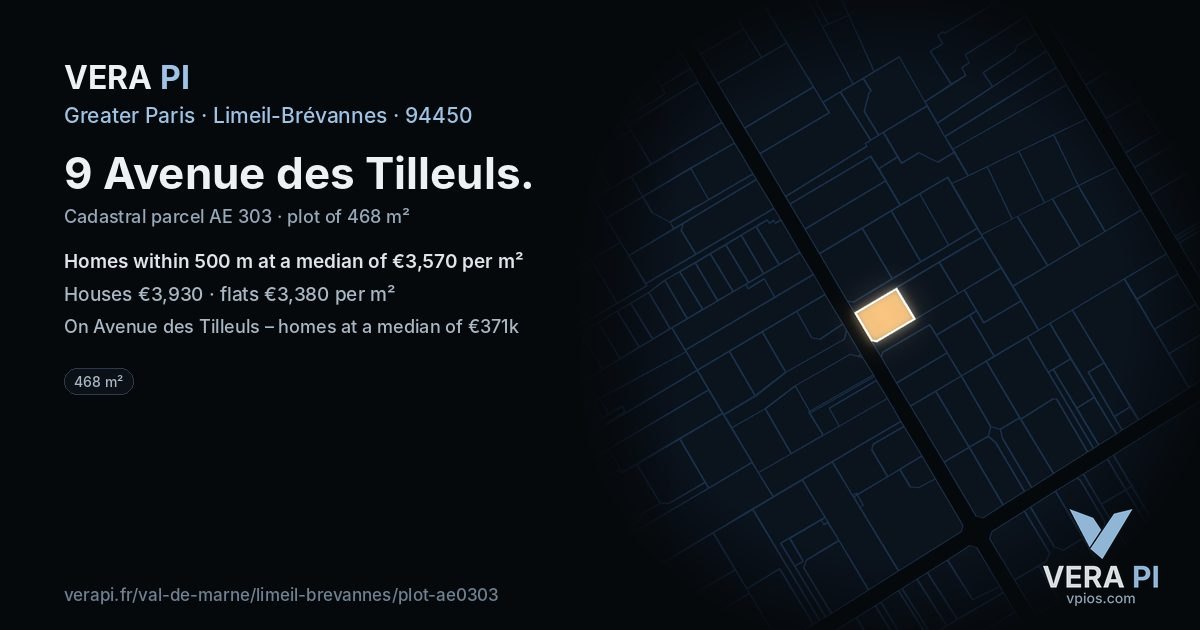9 Avenue des Tilleuls, Limeil-Brévannes at night – the plot lit, the parcels around coloured by the prices near them