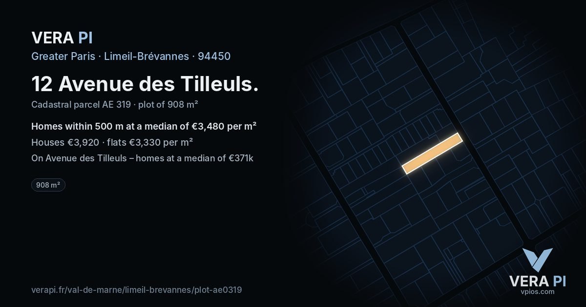12 Avenue des Tilleuls, Limeil-Brévannes at night – the plot lit, the parcels around coloured by the prices near them