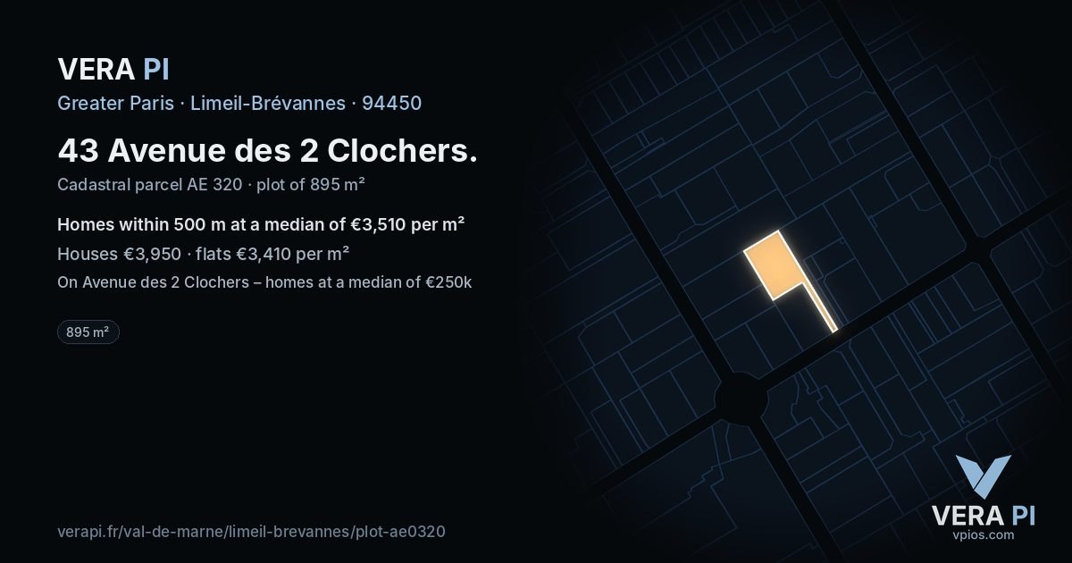 43 Avenue des 2 Clochers, Limeil-Brévannes at night – the plot lit, the parcels around coloured by the prices near them