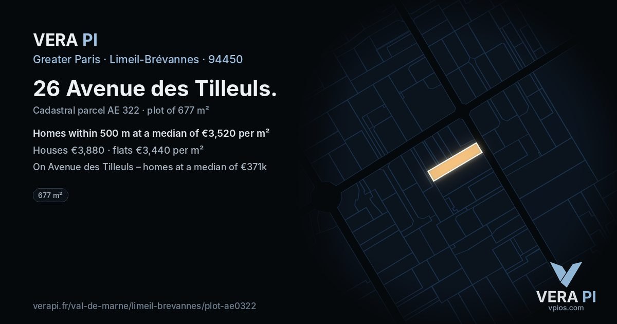 26 Avenue des Tilleuls, Limeil-Brévannes at night – the plot lit, the parcels around coloured by the prices near them