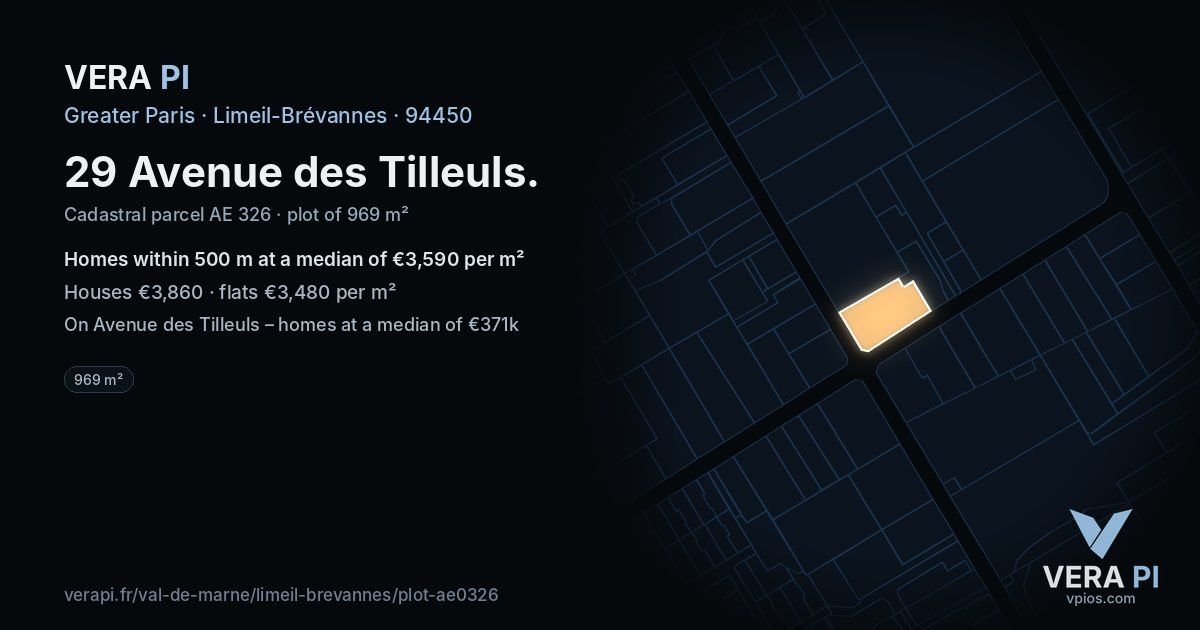 29 Avenue des Tilleuls, Limeil-Brévannes at night – the plot lit, the parcels around coloured by the prices near them